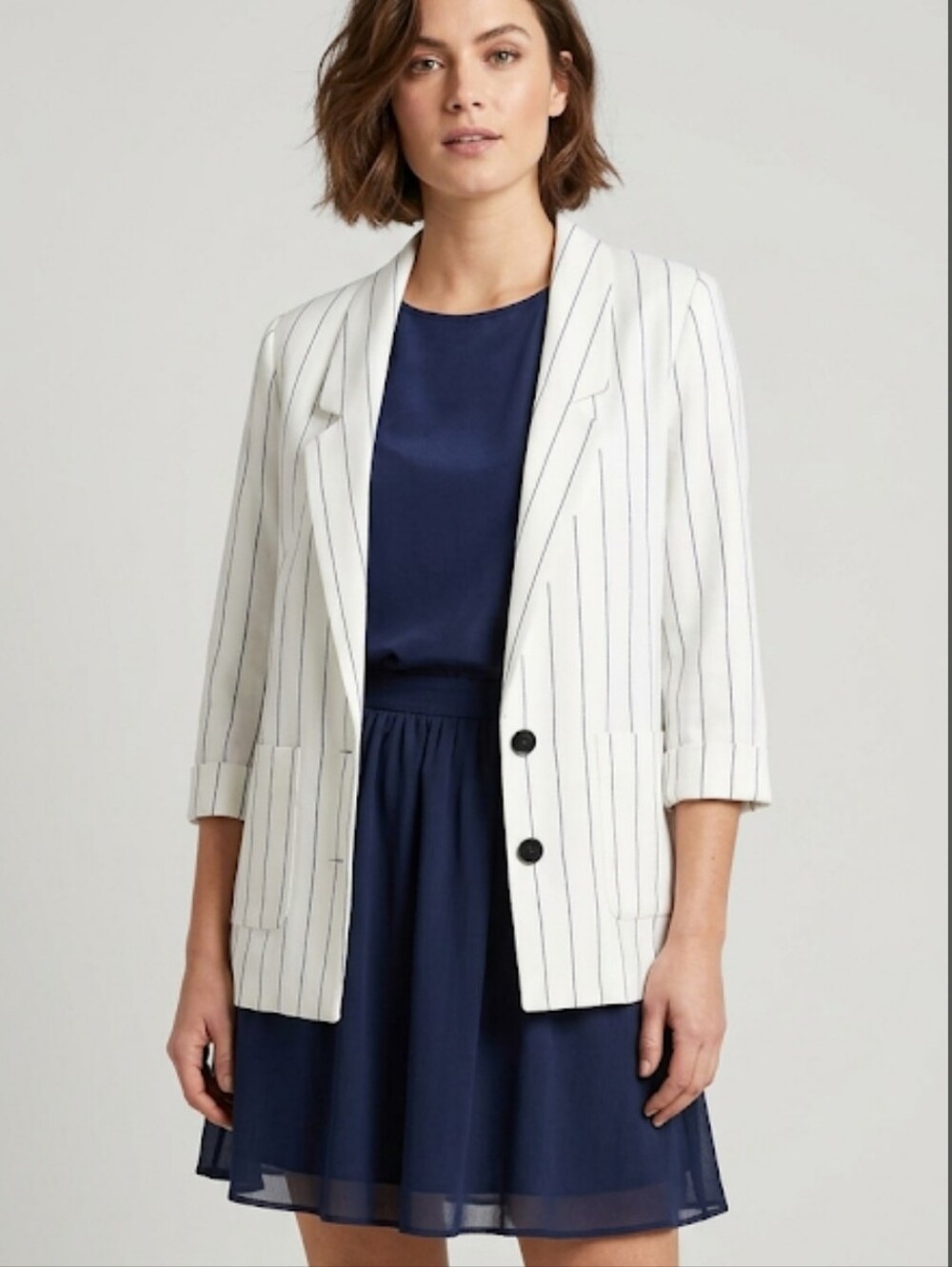 Vintage Handmade White & Navy Pinstripe Women's Blazer Jacket Measures Medium